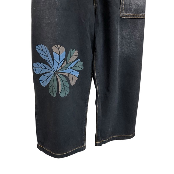 OMYCHIC Flower Club Loose Relaxed Fit Black Denim Overalls Pockets - Picture 5 of 13